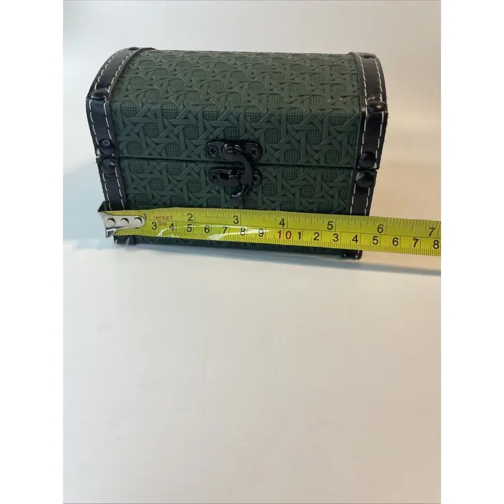 Green Wooden Jewelry Box Leather Handmade Metal Hardware Chest Trinket Trunk